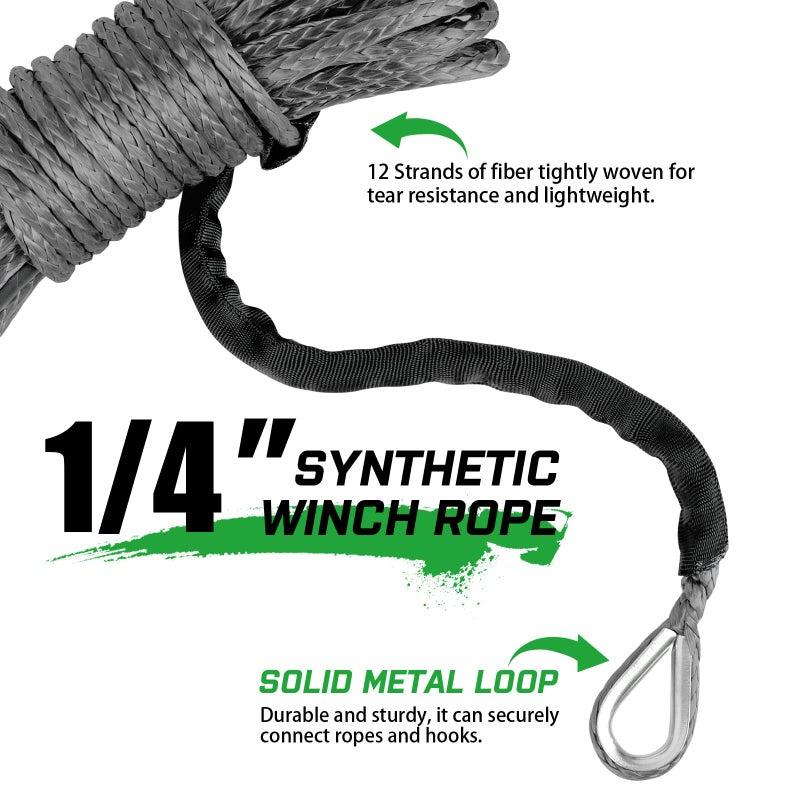STEGODON 1/4 x 50ft Synthetic Winch Rope 10,000lbs Winch Line Cable with Black Protecting Sleeve for ATV UTV Boat Ramsey Synthetic Winch Rope(Gray) - Image 4